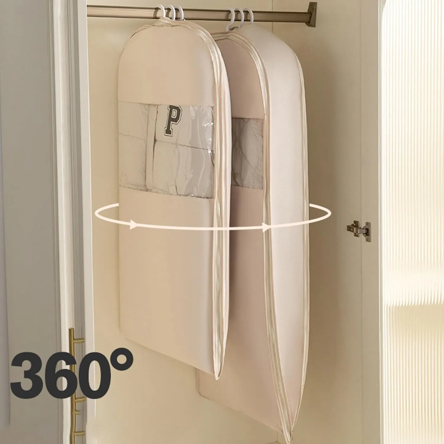 2025 New Space Saving Hanging Garment Bag with Self Compression Zipper, 3-Size, Space Saving Hanging Protector for Down Coat, Coat Compression Dust Cover for Closet Storage (Beige - XL)