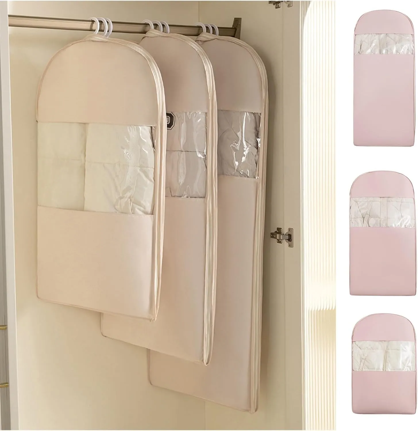 2025 New Space Saving Hanging Garment Bag with Self Compression Zipper, 3-Size, Space Saving Hanging Protector for Down Coat, Coat Compression Dust Cover for Closet Storage (Beige - XL)