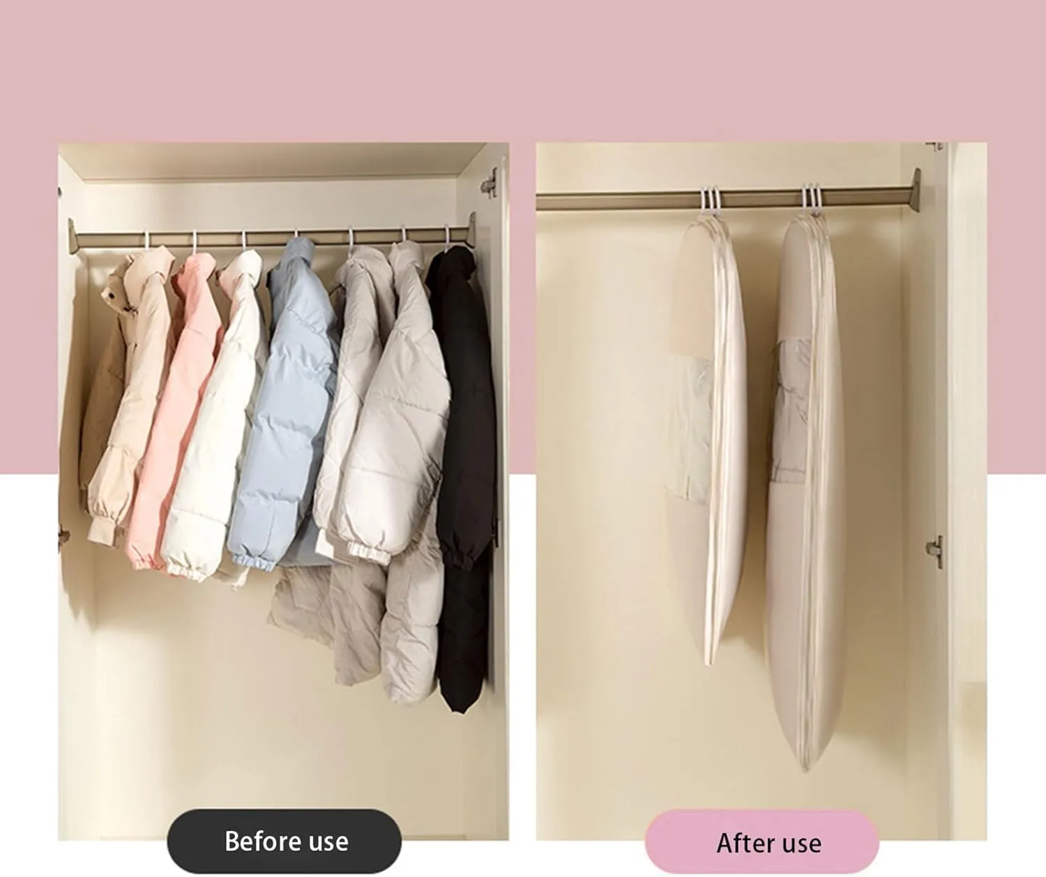 2025 New Space Saving Hanging Garment Bag with Self Compression Zipper, 3-Size, Space Saving Hanging Protector for Down Coat, Coat Compression Dust Cover for Closet Storage (Beige - XL)