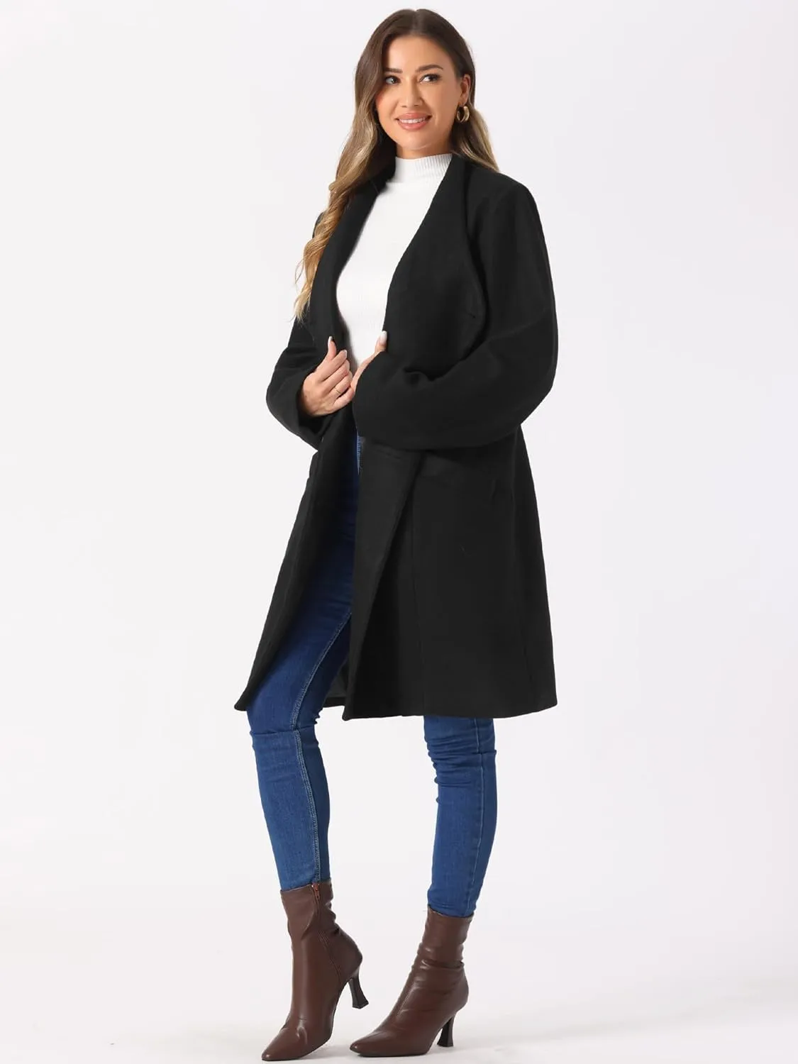 Allegra K Winter Coats for Women's Stand Collar Long Sleeve Belted Pearl Button Mid Coat