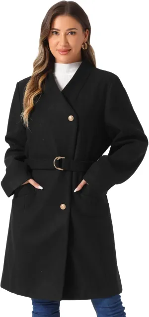 Allegra K Winter Coats for Women's Stand Collar Long Sleeve Belted Pearl Button Mid Coat