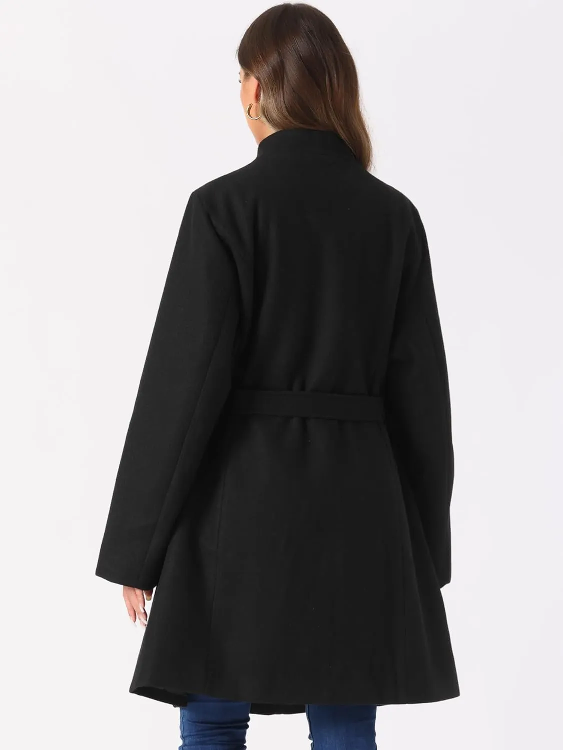 Allegra K Winter Coats for Women's Stand Collar Long Sleeve Belted Pearl Button Mid Coat