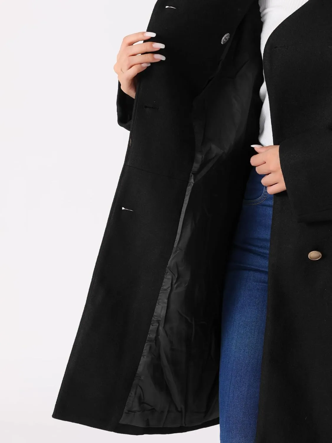 Allegra K Winter Coats for Women's Stand Collar Long Sleeve Belted Pearl Button Mid Coat