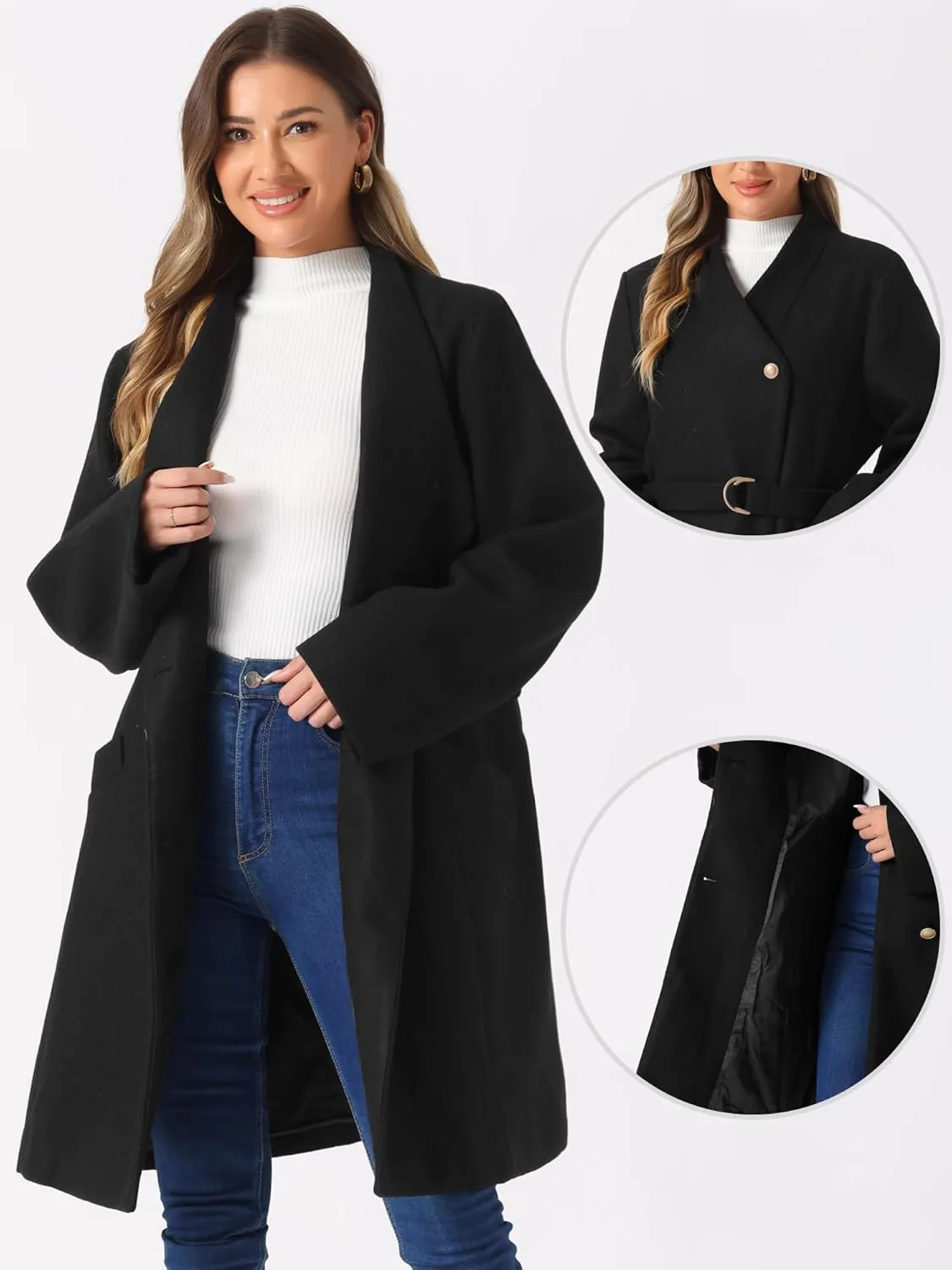 Allegra K Winter Coats for Women's Stand Collar Long Sleeve Belted Pearl Button Mid Coat