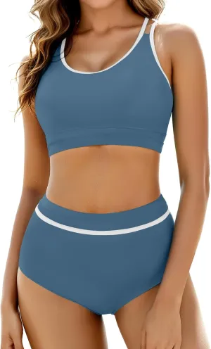 Arolina Women's High Waisted Bikini Sets Cheeky Two Piece Swimsuits Color Block Sporty Bathing Suits High Cut Swimwear