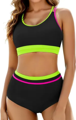 Arolina Women's High Waisted Bikini Sets Cheeky Two Piece Swimsuits Color Block Sporty Bathing Suits High Cut Swimwear