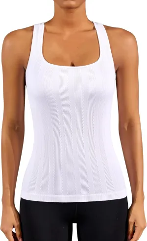 ATTRACO Womens Ribbed Workout Tank Tops with Built in Bra Athletic Tank Tops Slim Fit Yoga Tops