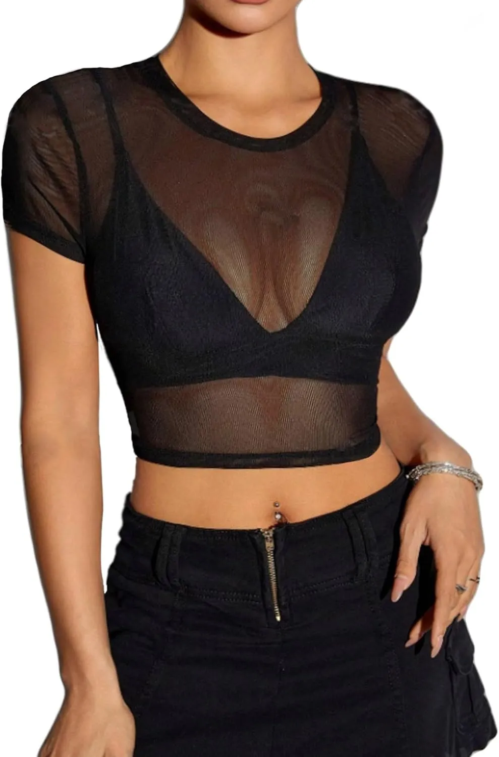 Avidlove Mesh Crop Top for Women Short Sleeve Bodycon Tees Y2k See Through Blouse O Neck Clubwear