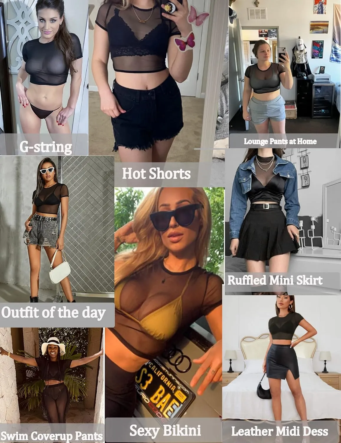 Avidlove Mesh Crop Top for Women Short Sleeve Bodycon Tees Y2k See Through Blouse O Neck Clubwear