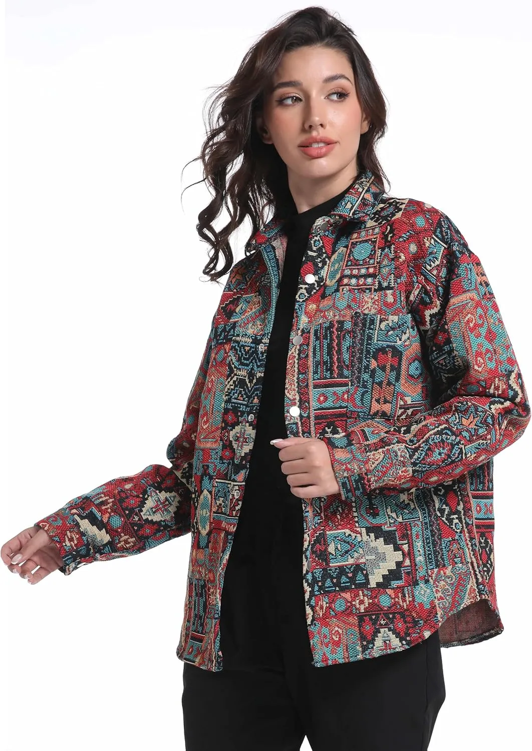 Aztec Shacket Fall Jacket Brocade Jacquard Ethnic Plaid Print Button Down Shirt Casual Spring mid-Weight Coat