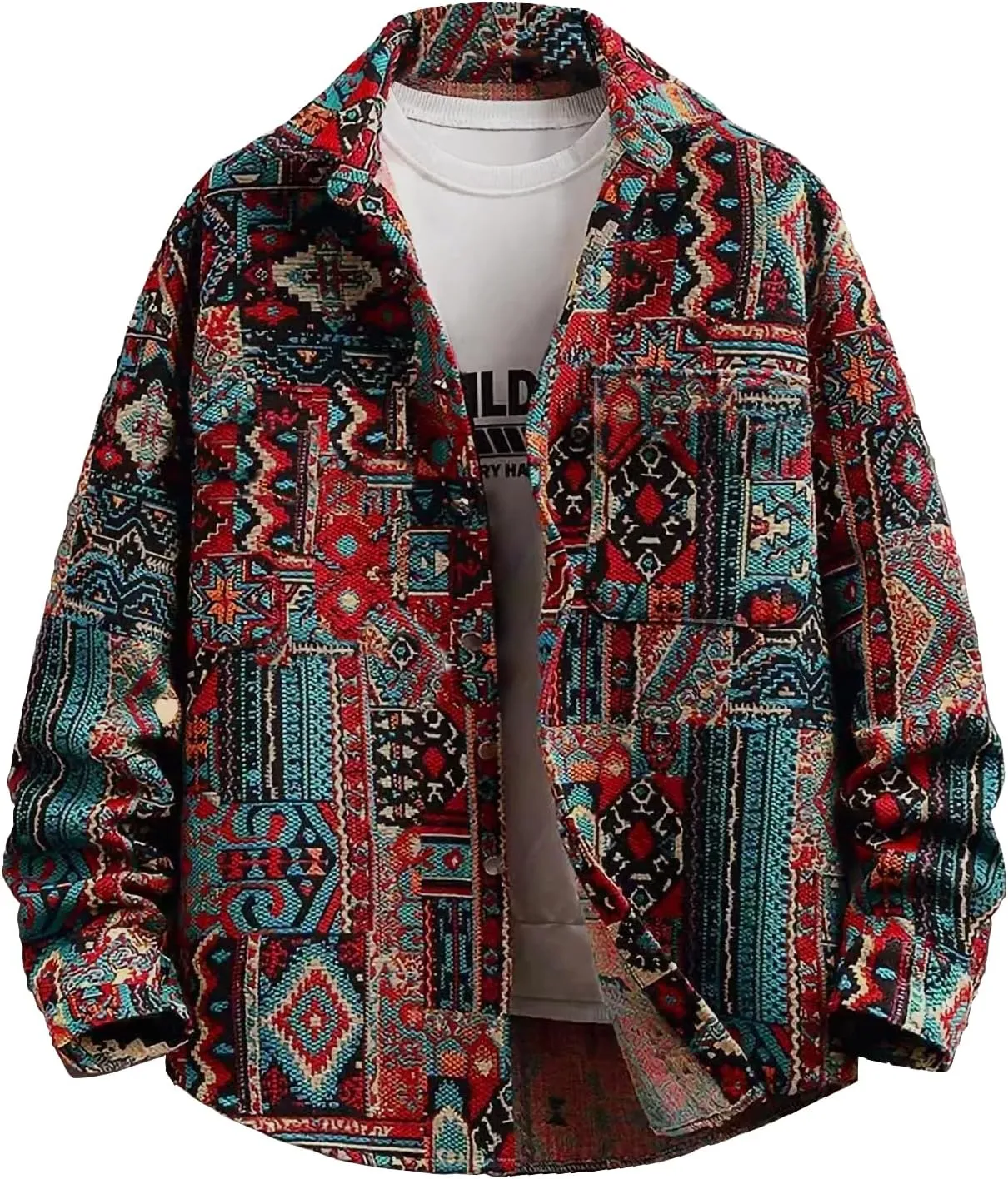 Aztec Shacket Fall Jacket Brocade Jacquard Ethnic Plaid Print Button Down Shirt Casual Spring mid-Weight Coat