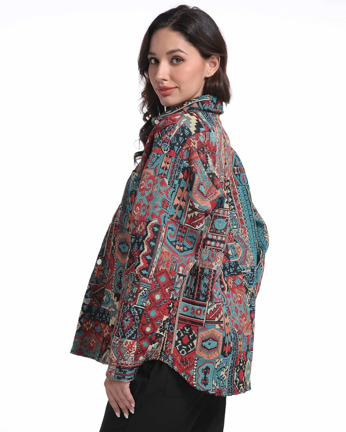 Aztec Shacket Fall Jacket Brocade Jacquard Ethnic Plaid Print Button Down Shirt Casual Spring mid-Weight Coat