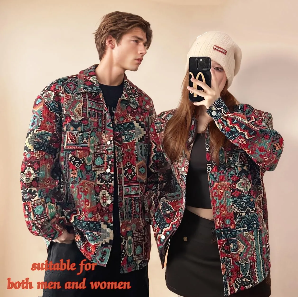 Aztec Shacket Fall Jacket Brocade Jacquard Ethnic Plaid Print Button Down Shirt Casual Spring mid-Weight Coat