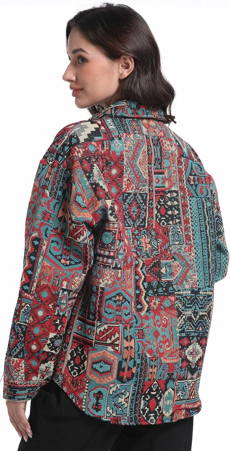 Aztec Shacket Fall Jacket Brocade Jacquard Ethnic Plaid Print Button Down Shirt Casual Spring mid-Weight Coat