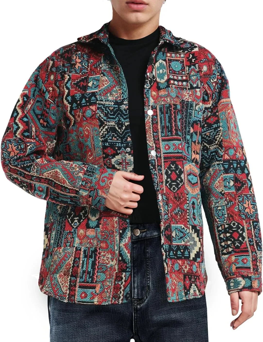 Aztec Shacket Fall Jacket Brocade Jacquard Ethnic Plaid Print Button Down Shirt Casual Spring mid-Weight Coat