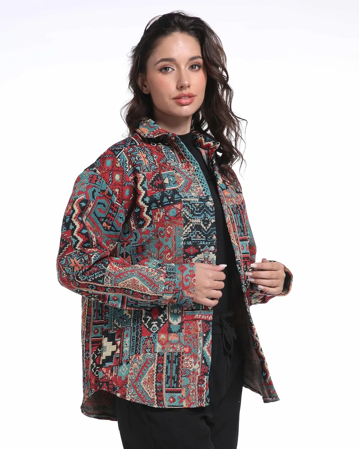 Aztec Shacket Fall Jacket Brocade Jacquard Ethnic Plaid Print Button Down Shirt Casual Spring mid-Weight Coat