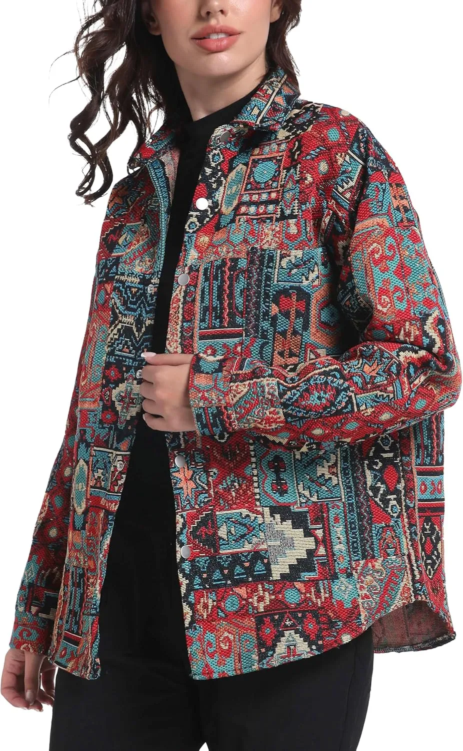 Aztec Shacket Fall Jacket Brocade Jacquard Ethnic Plaid Print Button Down Shirt Casual Spring mid-Weight Coat