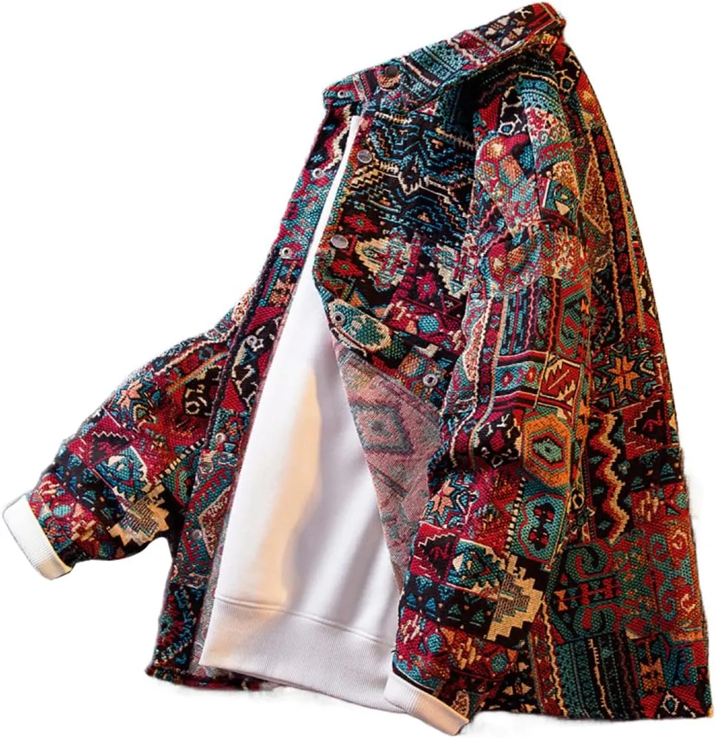 Aztec Shacket Fall Jacket Brocade Jacquard Ethnic Plaid Print Button Down Shirt Casual Spring mid-Weight Coat