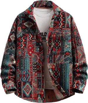 Aztec Shacket Fall Jacket Brocade Jacquard Ethnic Plaid Print Button Down Shirt Casual Spring mid-Weight Coat