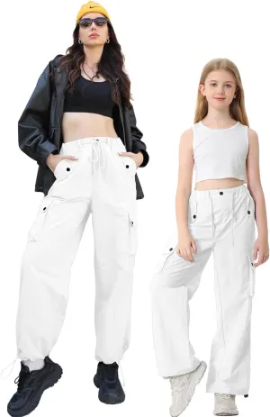 Betusline Girls & Women's High Waist Wide Leg Cargo Pants Y2K Parachute Pants with Pockets and Drawstring 6 Years-Women 2XL