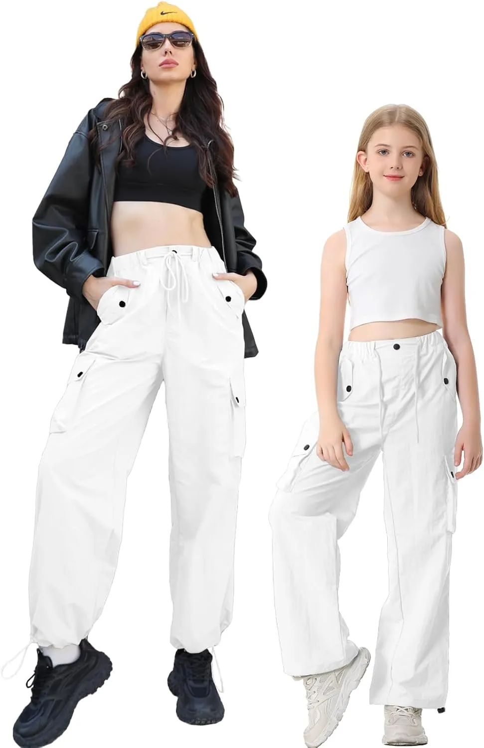 Betusline Girls & Women's High Waist Wide Leg Cargo Pants Y2K Parachute Pants with Pockets and Drawstring 6 Years-Women 2XL