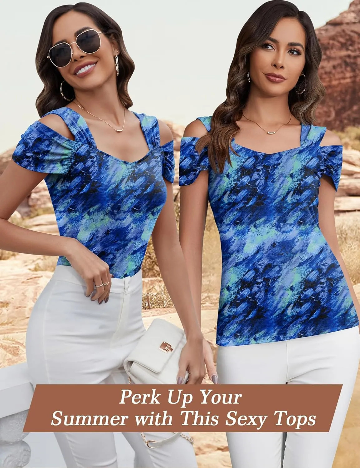 Blingfit Cold Shoulder Tops Tunic Summer Slim Fit Shirts for Women V Neck Short Sleeve Casual Tees Workout Tops