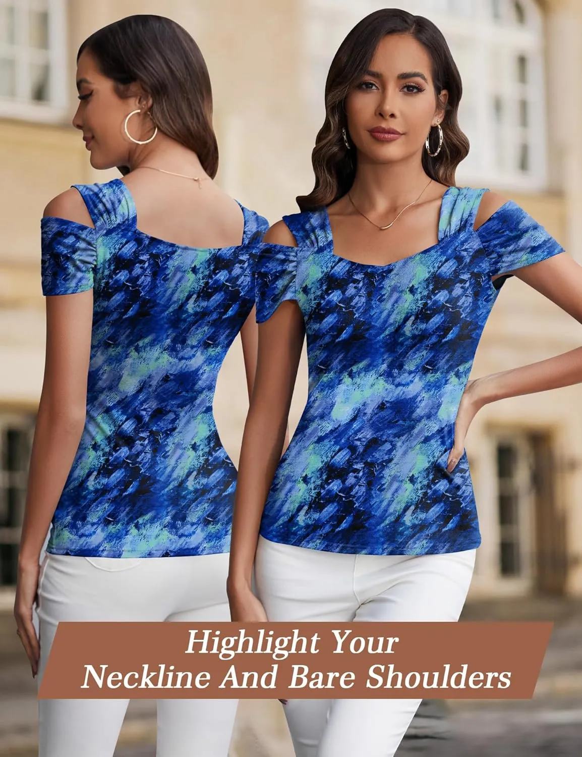 Blingfit Cold Shoulder Tops Tunic Summer Slim Fit Shirts for Women V Neck Short Sleeve Casual Tees Workout Tops