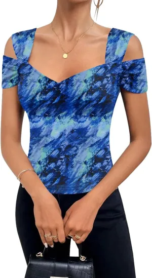 Blingfit Cold Shoulder Tops Tunic Summer Slim Fit Shirts for Women V Neck Short Sleeve Casual Tees Workout Tops