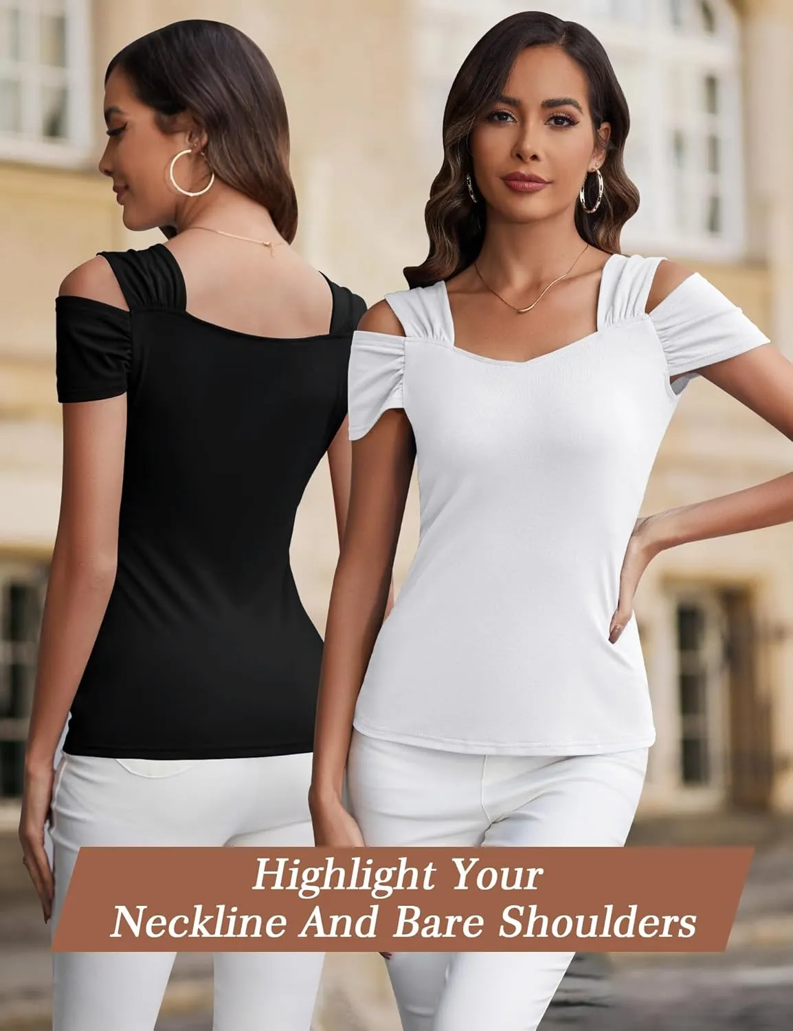 Blingfit Cold Shoulder Tops Tunic Summer Slim Fit Shirts for Women V Neck Short Sleeve Casual Tees Workout Tops