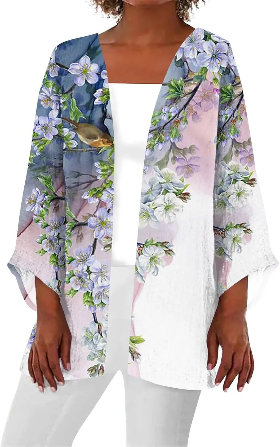Cardigans for Women 2025 Retro Print 3/4 Sleeve Cardigans Lightweight Blouse Tops Coat Casual Duster Jackets