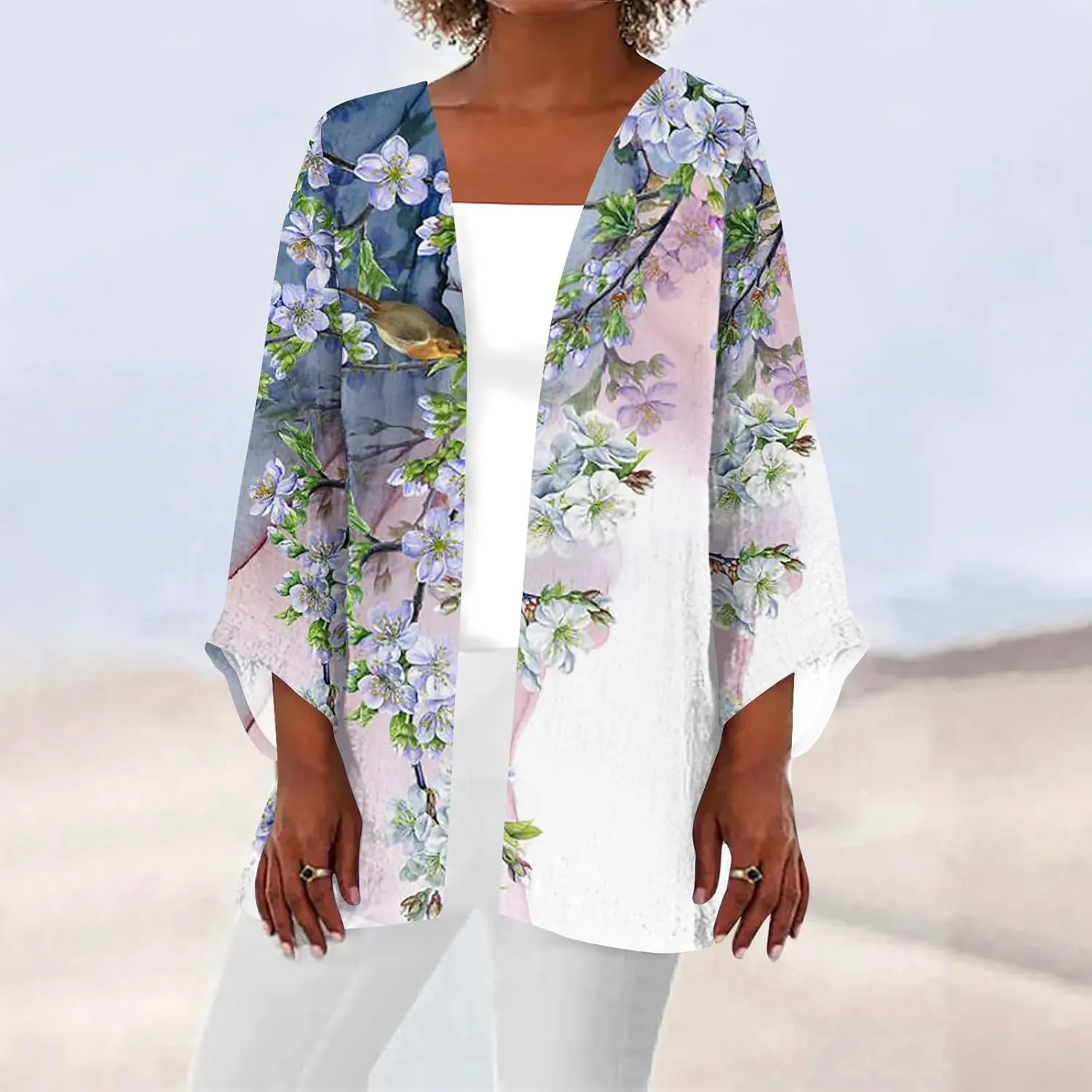 Cardigans for Women 2025 Retro Print 3/4 Sleeve Cardigans Lightweight Blouse Tops Coat Casual Duster Jackets