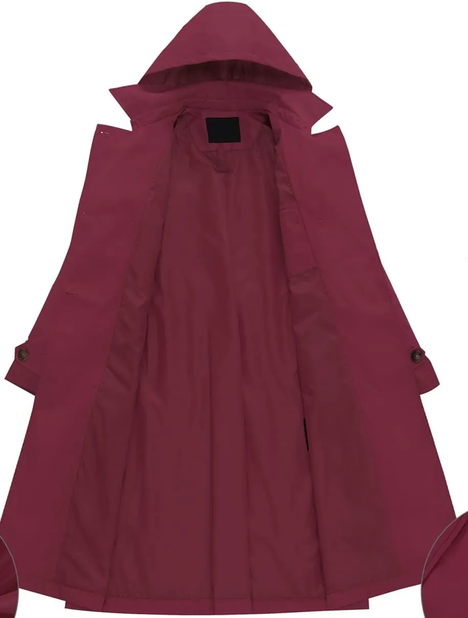 Chrisuno Women's Double Breasted Long Trench Coats Mid-Length Belted Overcoat Dress Jacket with Detachable Hood