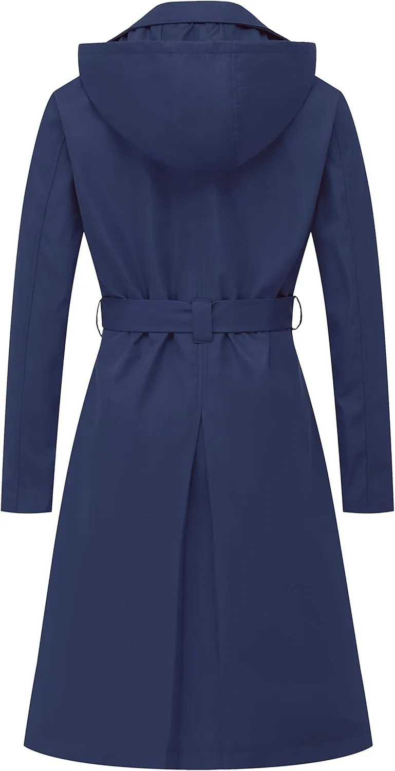 Chrisuno Women's Double Breasted Long Trench Coats Mid-Length Belted Overcoat Dress Jacket with Detachable Hood