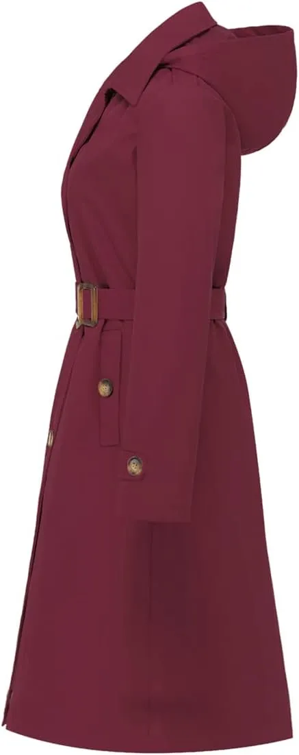 Chrisuno Women's Double Breasted Long Trench Coats Mid-Length Belted Overcoat Dress Jacket with Detachable Hood