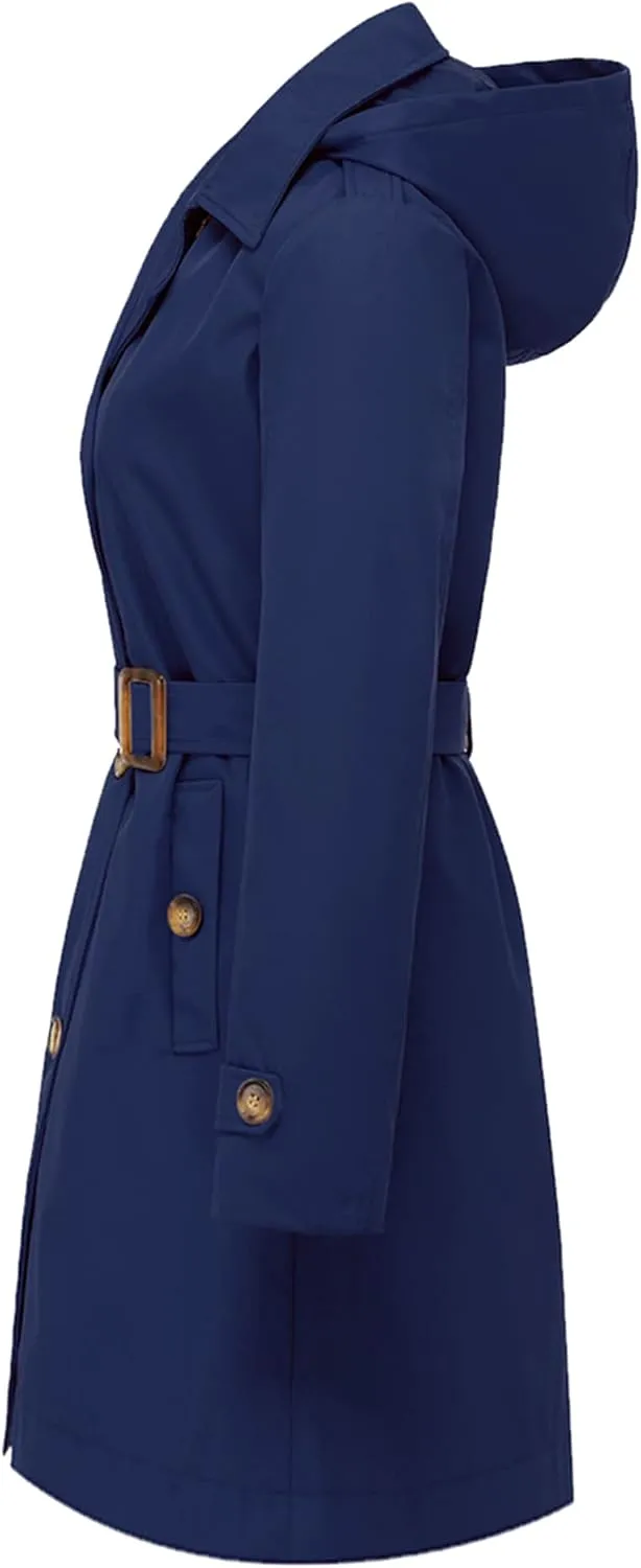 Chrisuno Women's Double Breasted Long Trench Coats Mid-Length Belted Overcoat Dress Jacket with Detachable Hood