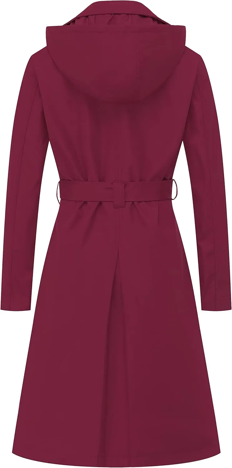 Chrisuno Women's Double Breasted Long Trench Coats Mid-Length Belted Overcoat Dress Jacket with Detachable Hood