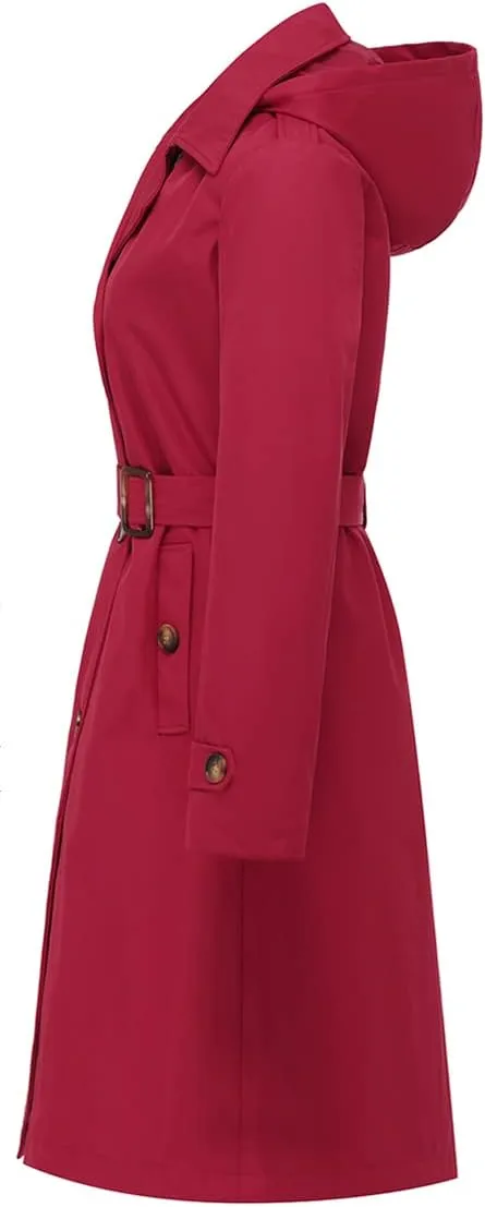 Chrisuno Women's Double Breasted Long Trench Coats Mid-Length Belted Overcoat Dress Jacket with Detachable Hood