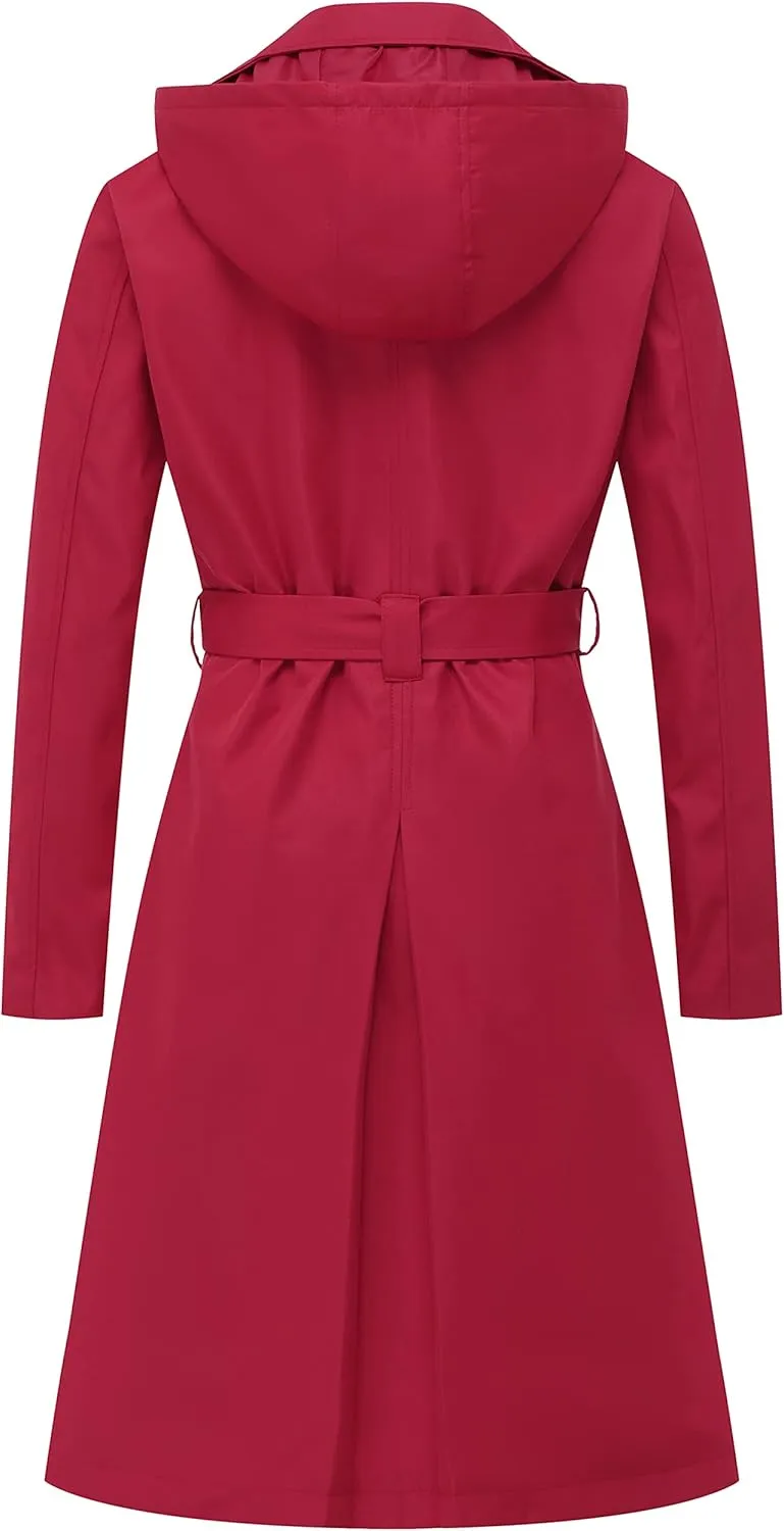 Chrisuno Women's Double Breasted Long Trench Coats Mid-Length Belted Overcoat Dress Jacket with Detachable Hood