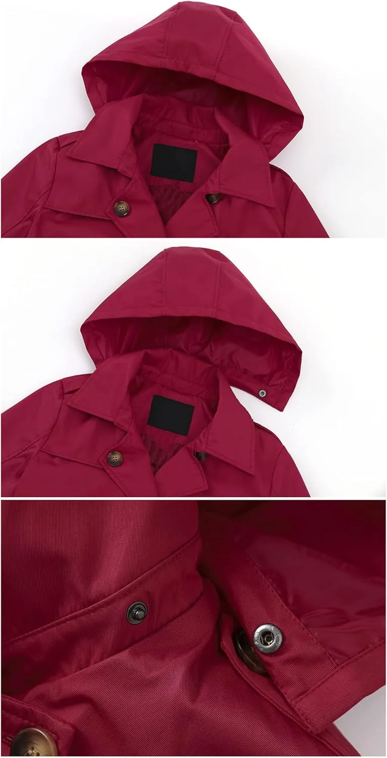 Chrisuno Women's Double Breasted Long Trench Coats Mid-Length Belted Overcoat Dress Jacket with Detachable Hood
