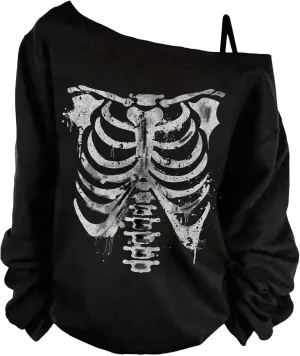 COZYEASE Women's Plus Size Gothic Skull Graphic Tees Asymmetrical Neck Long Sleeve T Shirt Loose Y2K Tops