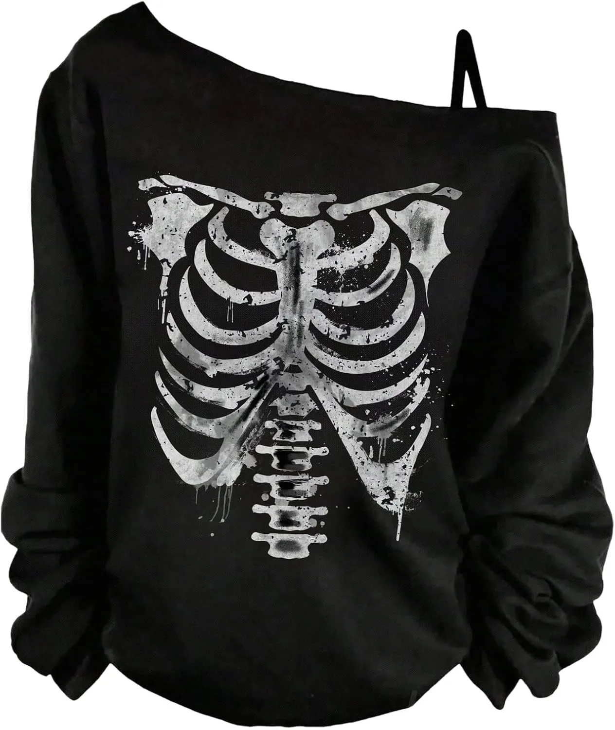 COZYEASE Women's Plus Size Gothic Skull Graphic Tees Asymmetrical Neck Long Sleeve T Shirt Loose Y2K Tops