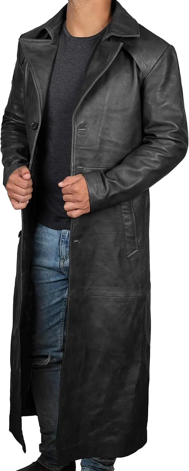 Decrum Leather Trench Coat Men - Winter Fashion Long Jacket Real Lambskin Leather Coats For Men