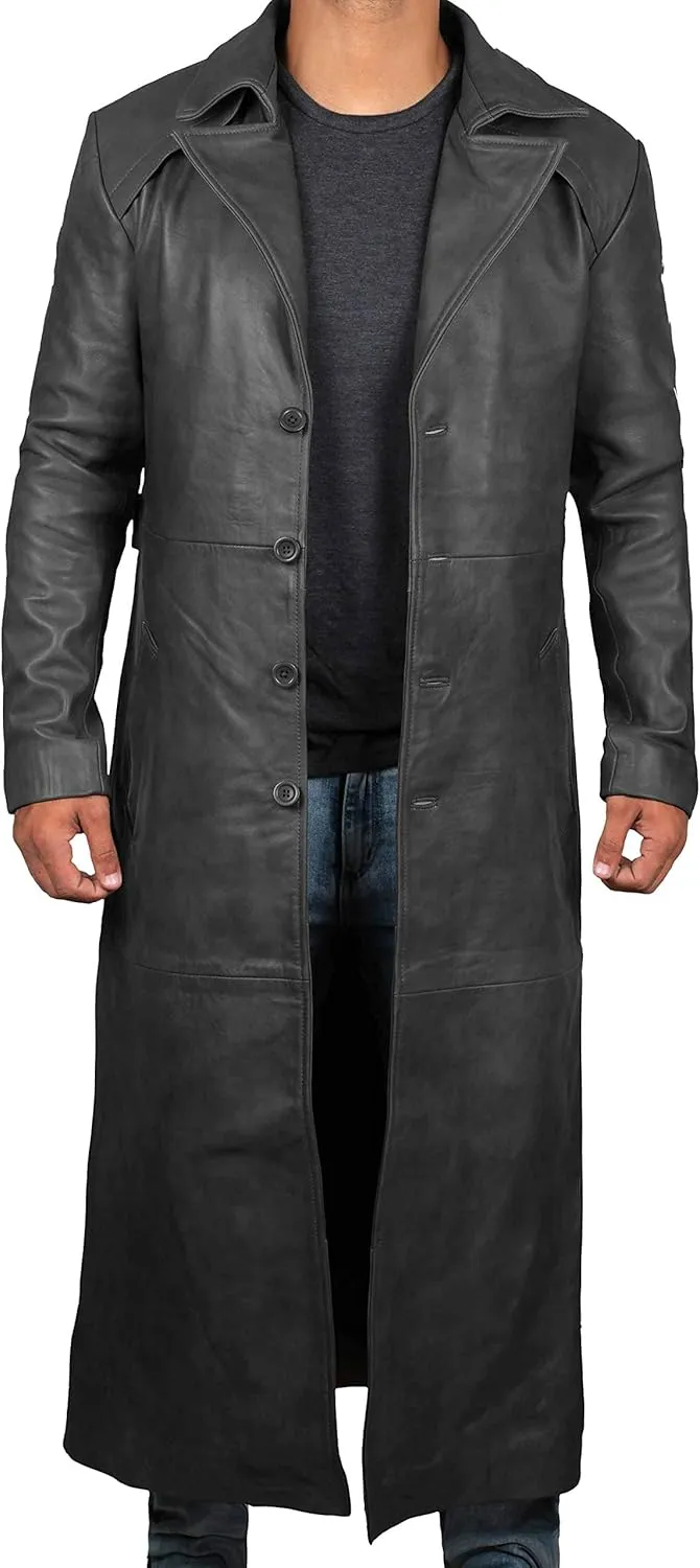 Decrum Leather Trench Coat Men - Winter Fashion Long Jacket Real Lambskin Leather Coats For Men