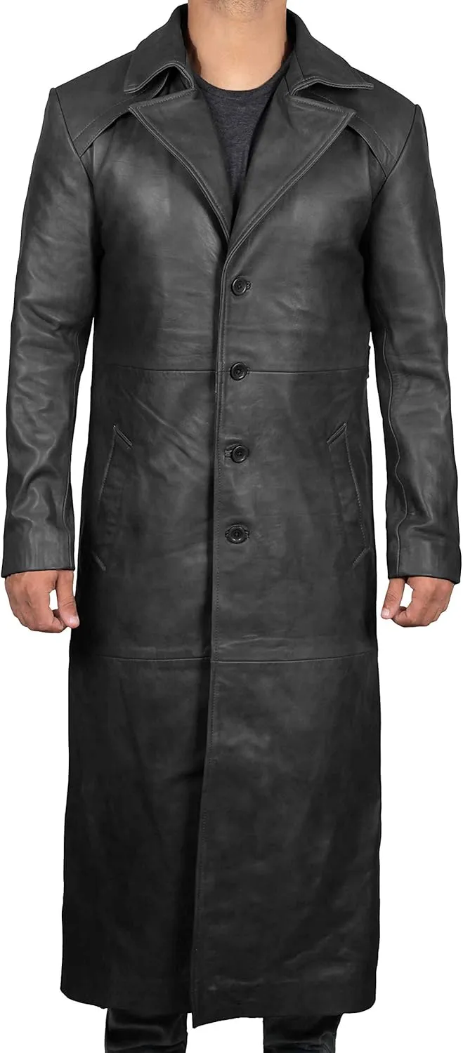 Decrum Leather Trench Coat Men - Winter Fashion Long Jacket Real Lambskin Leather Coats For Men