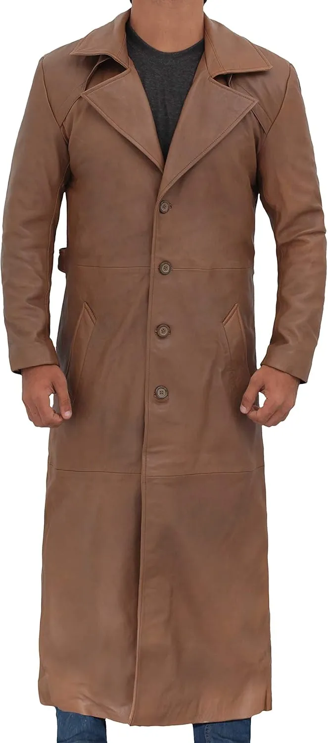Decrum Leather Trench Coat Men - Winter Fashion Long Jacket Real Lambskin Leather Coats For Men