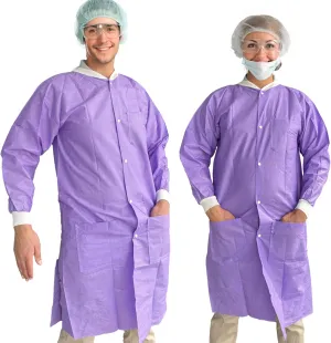 Disposable Lab Coats, SMS Material, Knee Length with Pockets, Large, Purple, Pack of 10