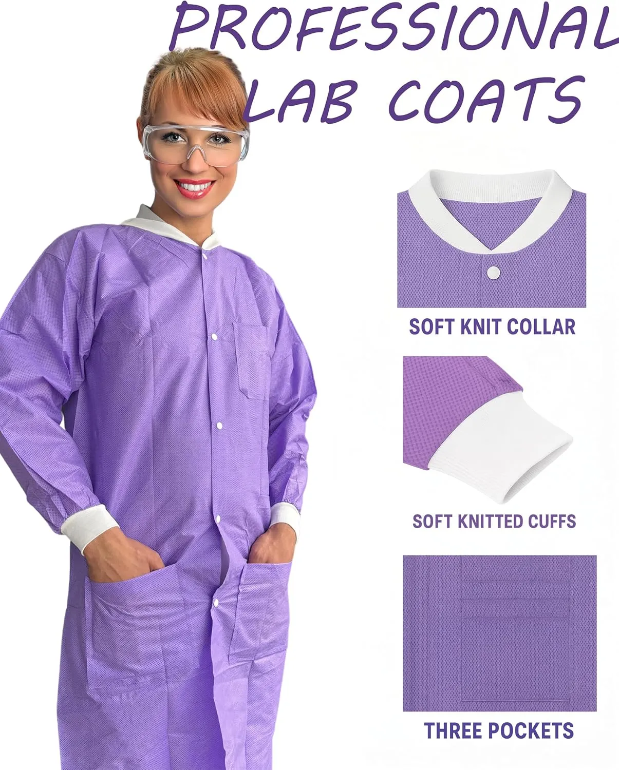 Disposable Lab Coats, SMS Material, Knee Length with Pockets, Large, Purple, Pack of 10