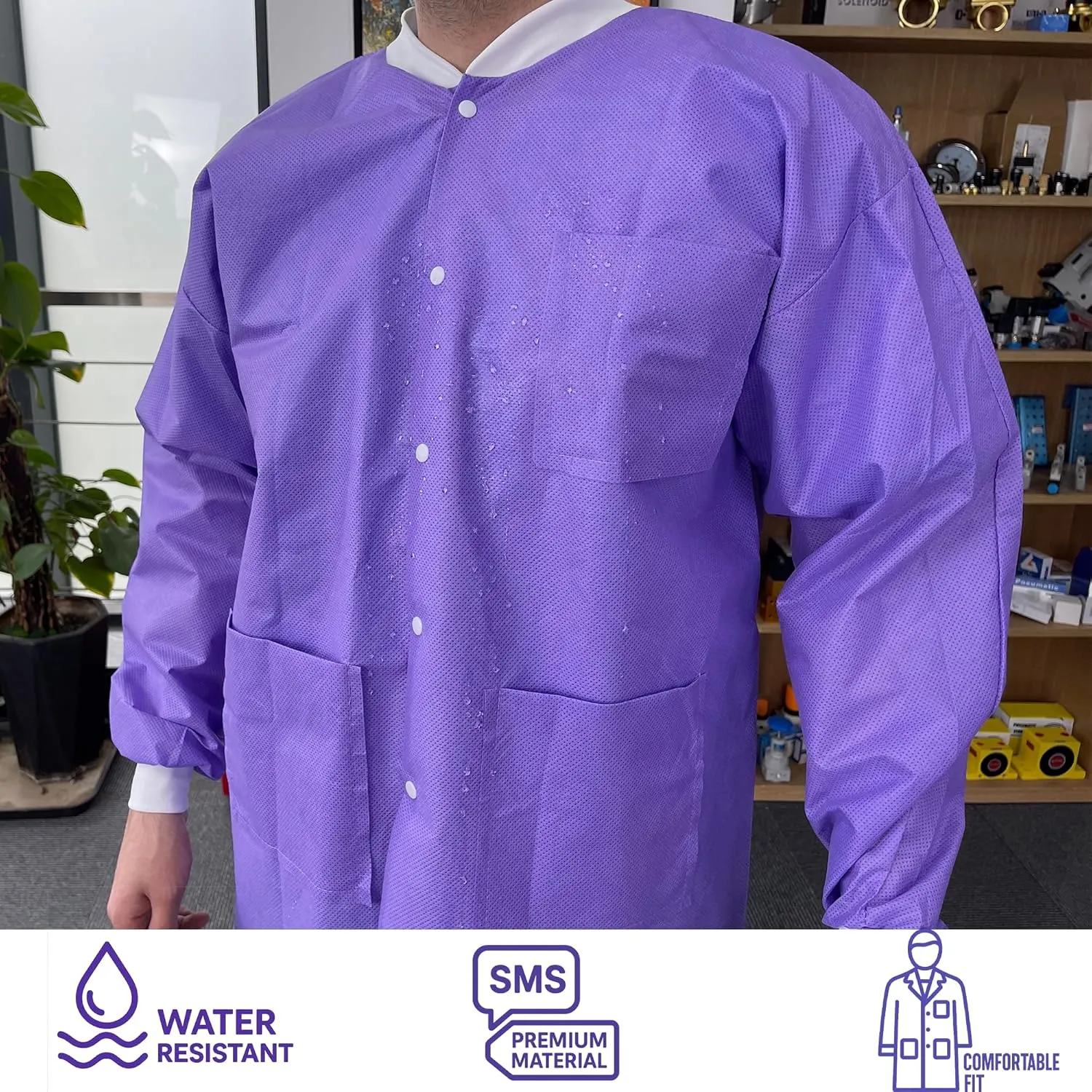 Disposable Lab Coats, SMS Material, Knee Length with Pockets, Large, Purple, Pack of 10