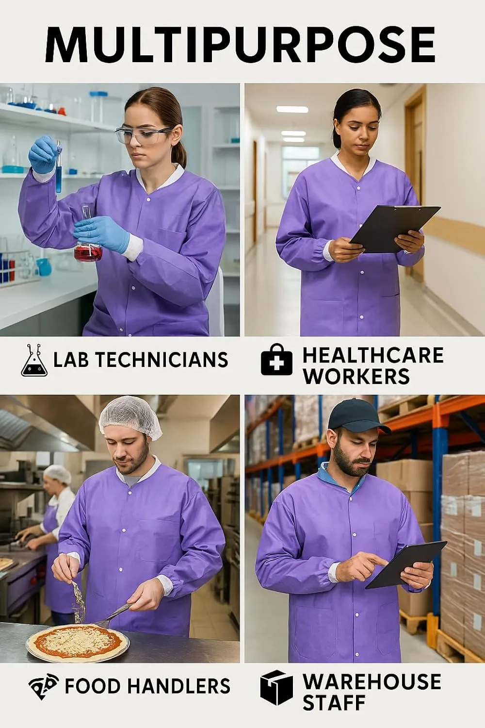 Disposable Lab Coats, SMS Material, Knee Length with Pockets, Large, Purple, Pack of 10