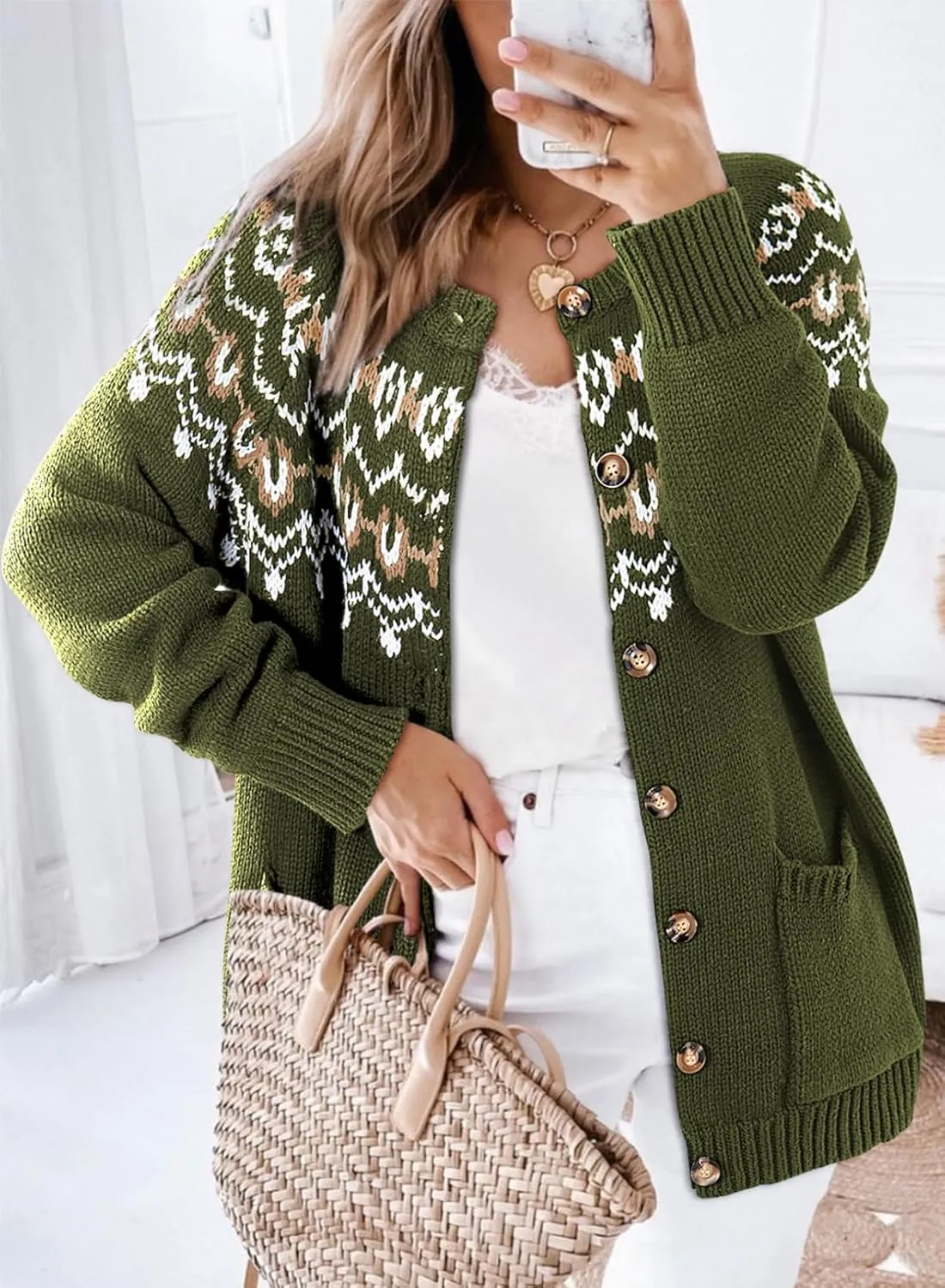 Dokotoo Womens Cardigans Casual Long Sleeve Chunky Knit Fall Winter Button Down Fair Isle Cardigan Sweaters